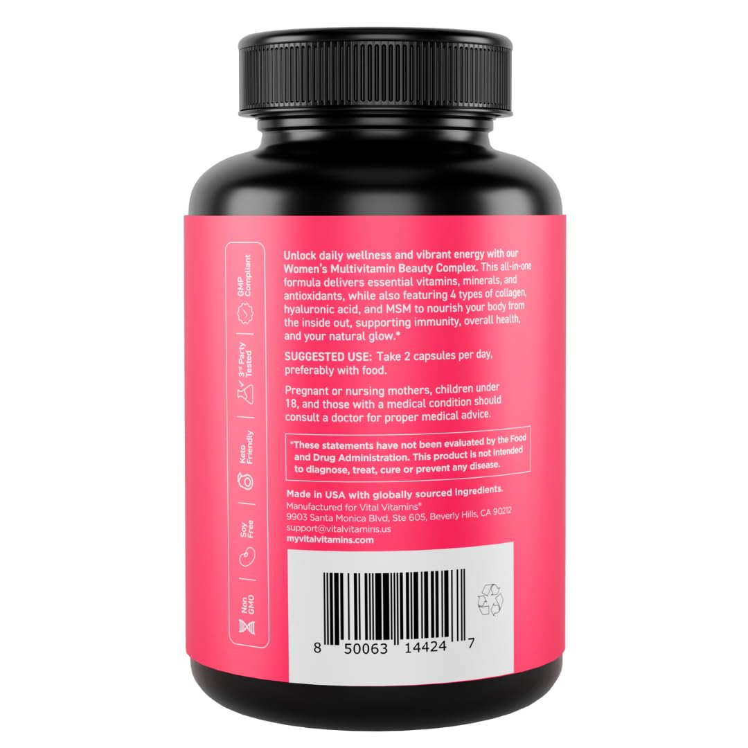 Vital Vitamins Women's Multivitamin Complex - Made with Multi-Collagen Blend, Hyaluronic Acid, & MSM - Beauty Multivitamins - with Vitamin A, C, E, B6, B12, D3-60 Capsules Vital Vitamins buy supplements canada