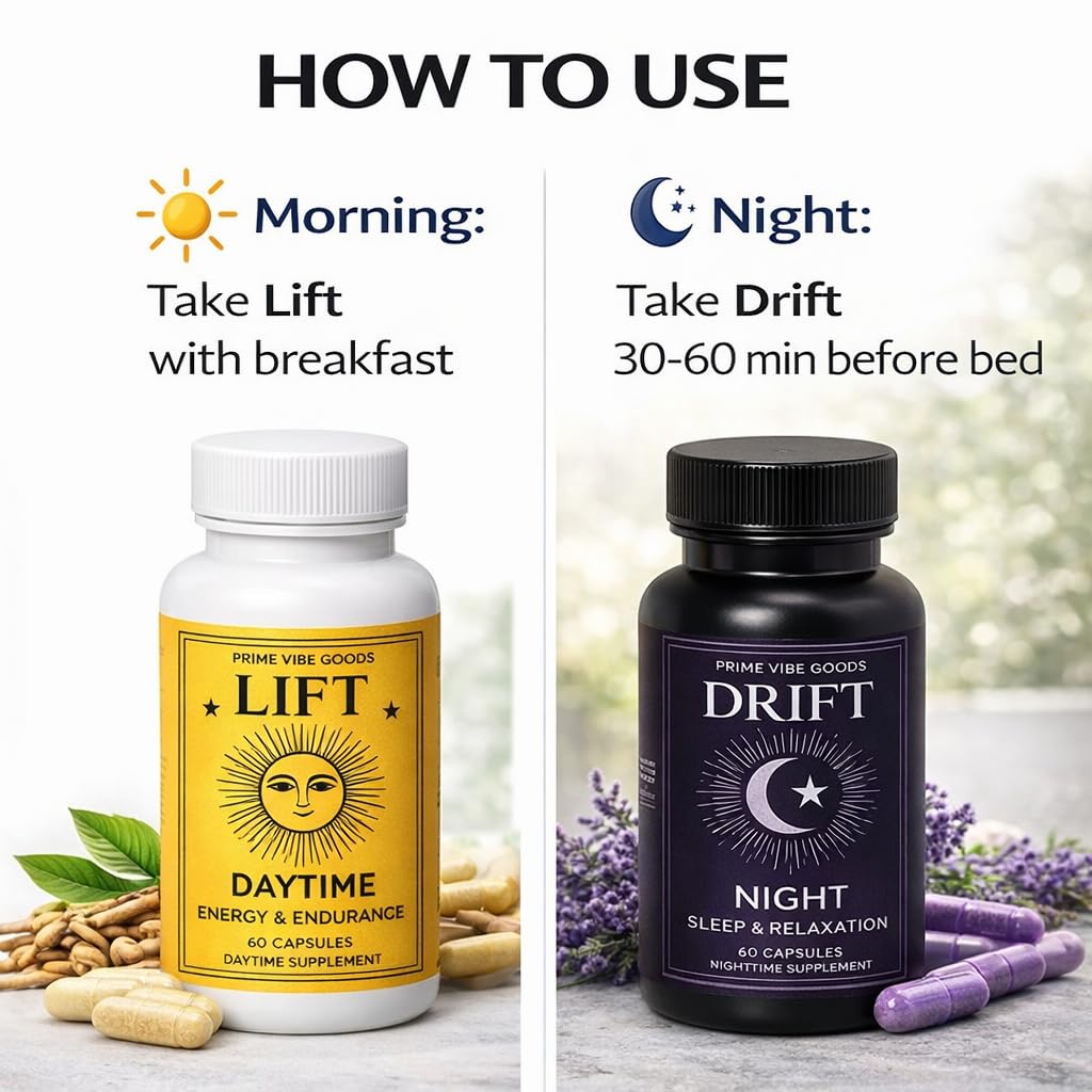Prime Vibe Goods Lift & Drift – Energy & Stress Support Supplement – Adaptogens for Focus, Relaxation & Sleep – Ashwagandha, Magnesium, Rhodiola, GABA, Maca – Vegan (2-Pack, 120 Capsules) Prime Vibe Goods buy supplements canada