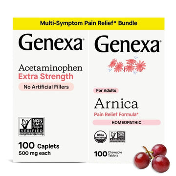 Genexa Adult Pain Relief Bundle | 500mg Acetaminophen Caplets + Homeopathic Arnica Chewables | Fast Relief for Headache, Joint & Muscle Pain | OTC + Homeopathic Combo | No Dyes or Artificial Additives Genexa buy supplements canada