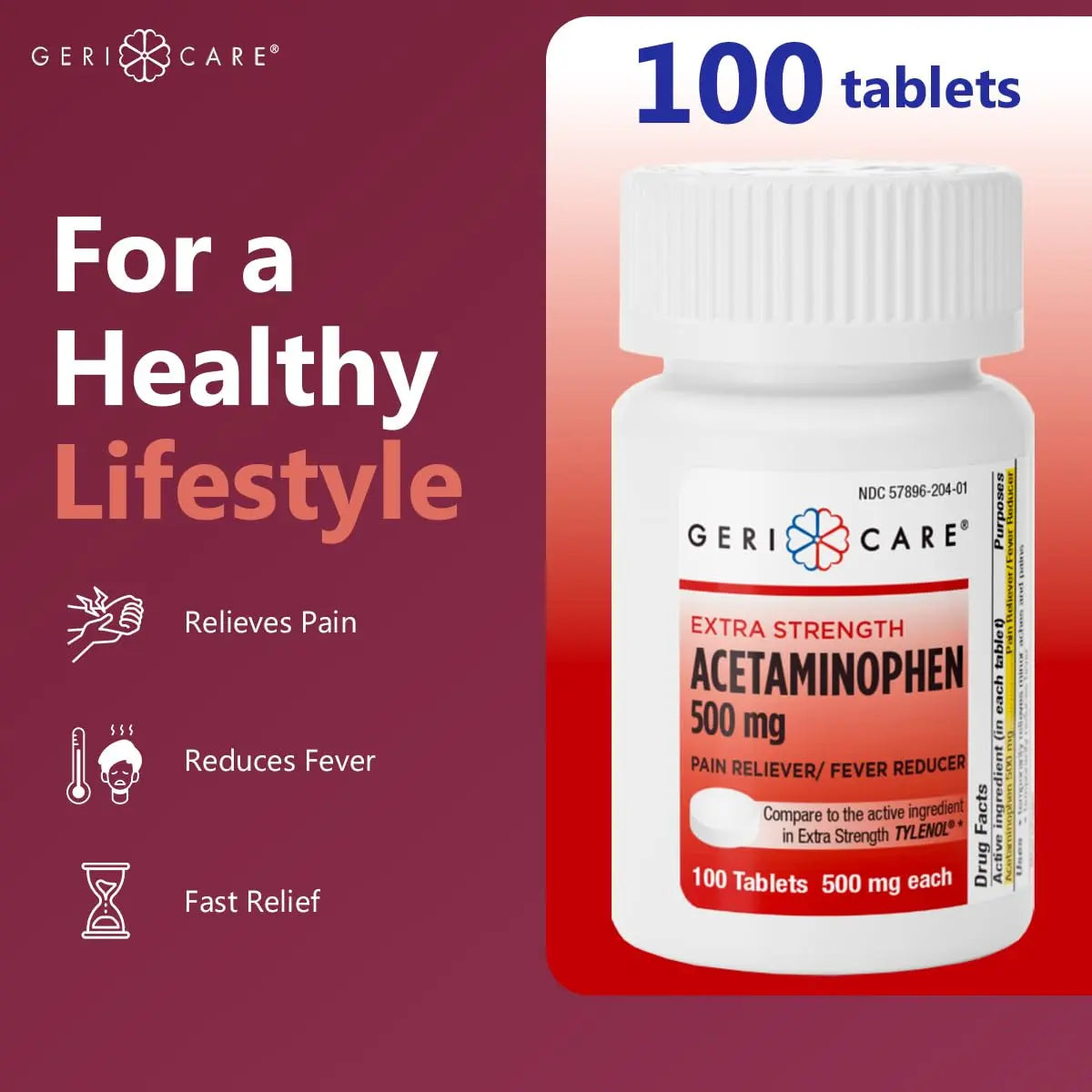 GeriCare Extra Strength Acetaminophen Pain Relief Fever Reducer Tablets, Strength 500mg Tablet | Joint, Muscle, Arthritis, Back Pain, Body Pain Relief, 100 Count (Pack of 2) GeriCare buy supplements canada