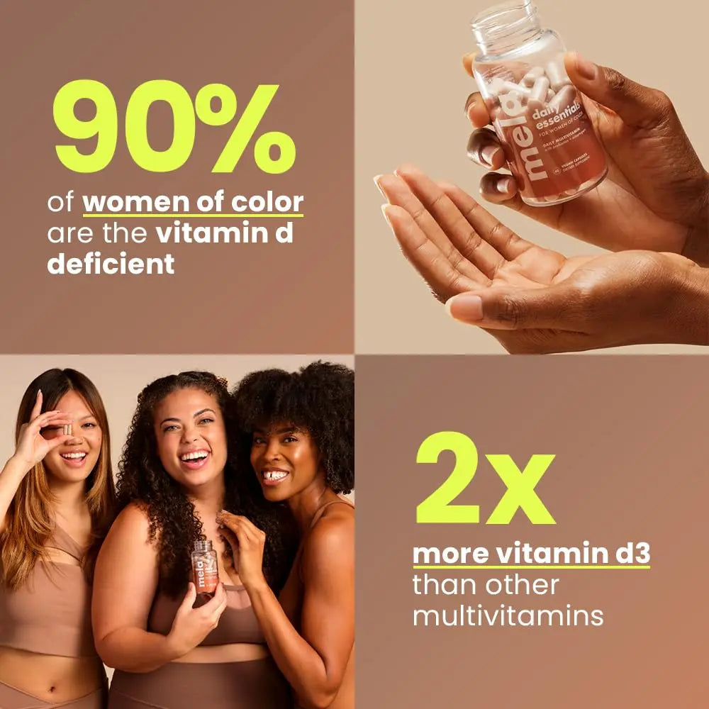 Mela Daily Essentials Multivitamin for Melanated Women - High-Dose Vitamin D3 and B12, Probiotics, Lion's Mane, Ceylon Cinnamon Mela buy supplements canada