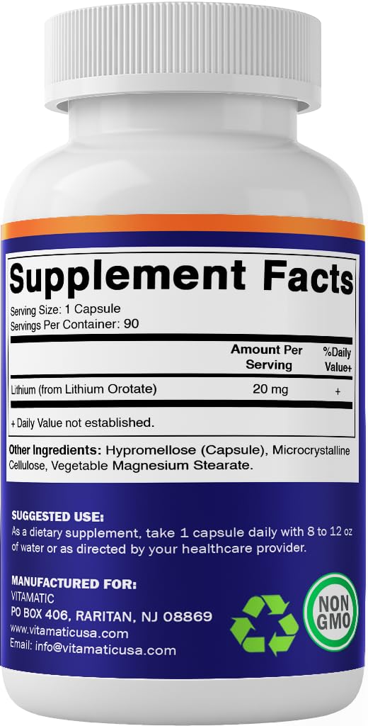 Vitamatic Lithium Orotate 20mg, 90 Capsules - Veggie Caps, Non-GMO, Gluten Free Vitamatic buy supplements canada