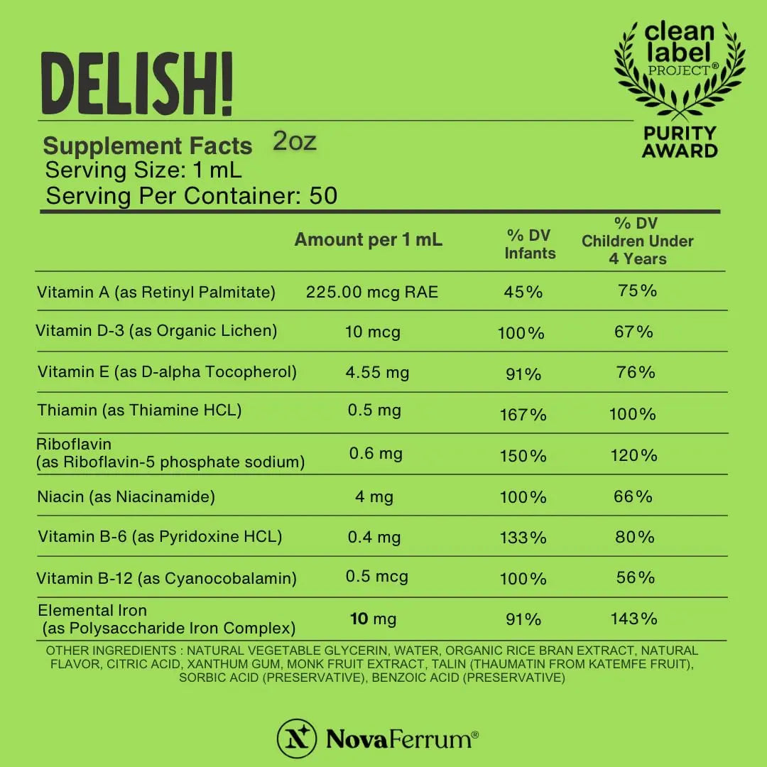 NovaFerrum Delish | Vegan Multivitamin with Iron for Infants, Toddlers & Kids | Immune Support | Organic Plant-Based D-3 | NovaFerrum buy supplements canada