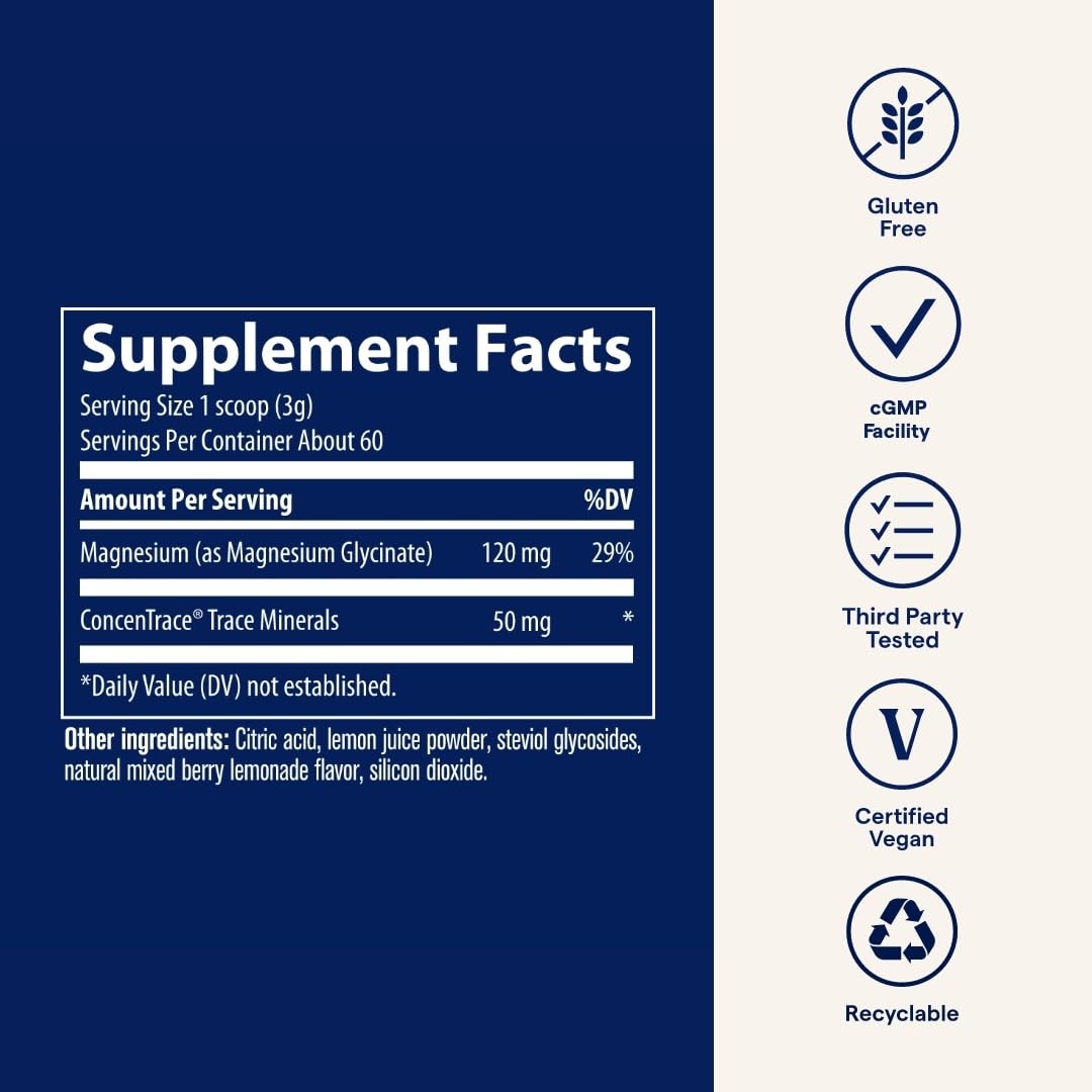 Trace Minerals Magnesium Glycinate Powder - Daily Magnesium Powder for Sleep Support - Calming Bedtime Drink - Natural & Gentle - Mixed Berry Lemonade - 180g (60 Servings) Trace Minerals buy supplements canada