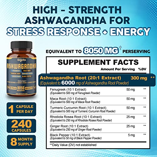 240 Capsules - 8 Month Supply - 7in1 Ashwagandha 8050mg - Combined With Fenugreek agobi buy supplements canada