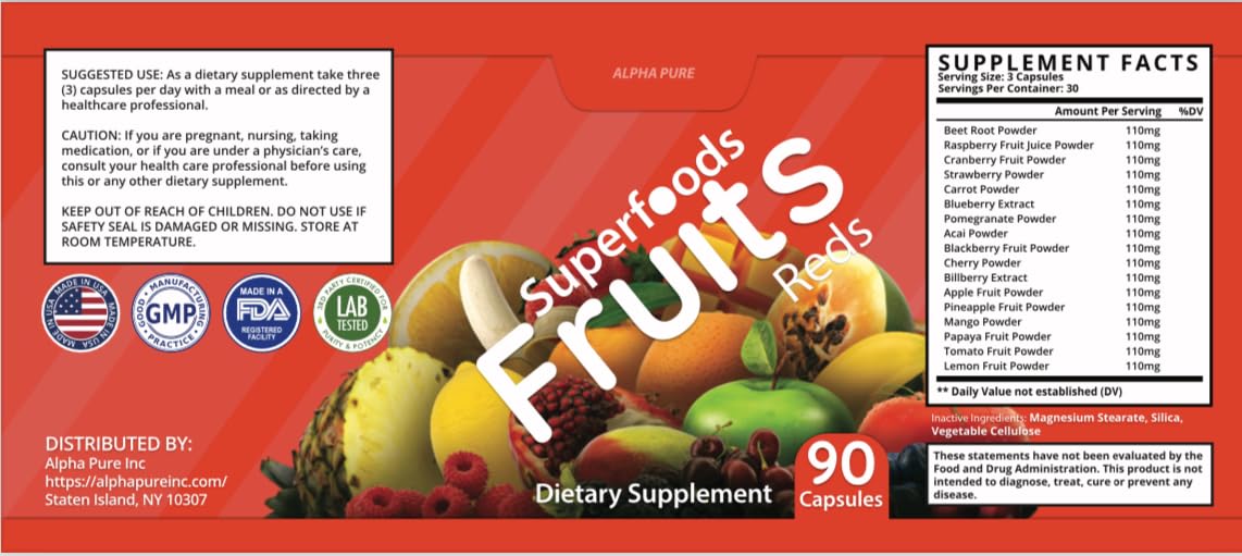 Alpha Pure Superfoods Reds Fruits and Greens 180 Capsules Vegetables Fruits and Veggies Superfood | Natural Balance of 90 Fruit Capsules, 90 Veggie Capsules for Men, Women Vitamins and Minerals Alpha Pure buy supplements canada