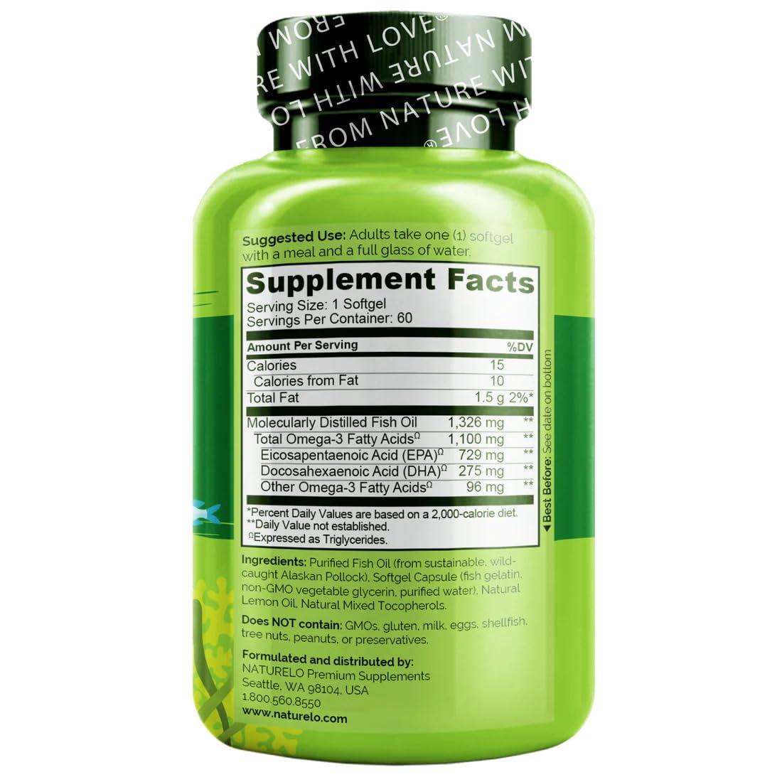 NATURELO Burpless Omega 3 Fish Oil Supplement - 1100mg Triglyceride Omega-3, EPA + DHA, Liquid Fish Oil for Heart, Eye, Brain, Joint Health NATURELO buy supplements canada
