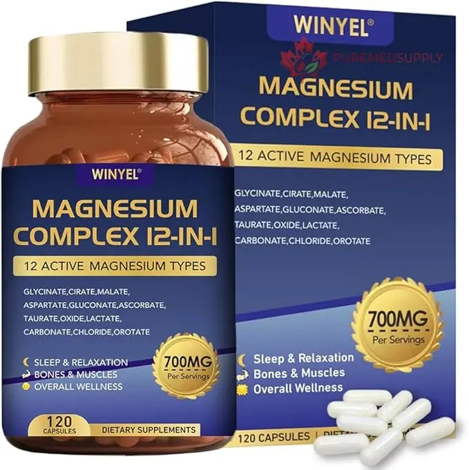 Magnesium Complex 700mg 12 in 1 Magnesium Supplement with Glycinate, Citrate, Malate | Sleep, Calm, Muscle Relaxation, Heart Health Support | Vegan 120 Capsules WINYEL buy supplements canada