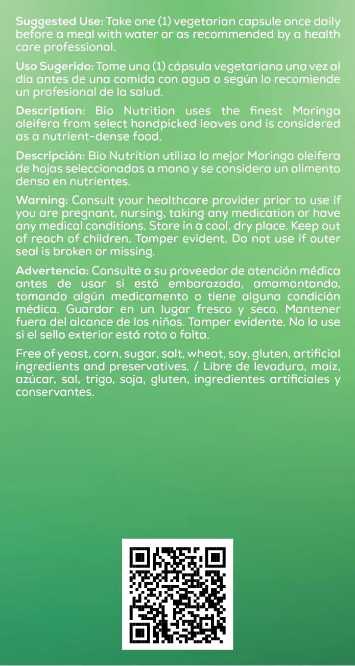 Bio Nutrition Moringa 5000mg 60 Vegetarian Capsules | Complete Green Superfood | Nature's Multivitamin | Energy and Gut Health Bio Nutrition buy supplements canada