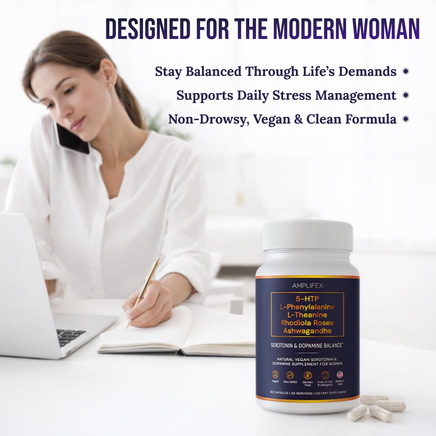 5-HTP Serotonin & Dopamine Support Complex with L-Theanine, L-Phenylalanine, Ashwagandha, Rhodiola B-Vitamins & Adaptogenic Herbal Blend – Mood & Stress Support for Women – Natural Vegan Non GMO AMPLIFEX buy supplements canada