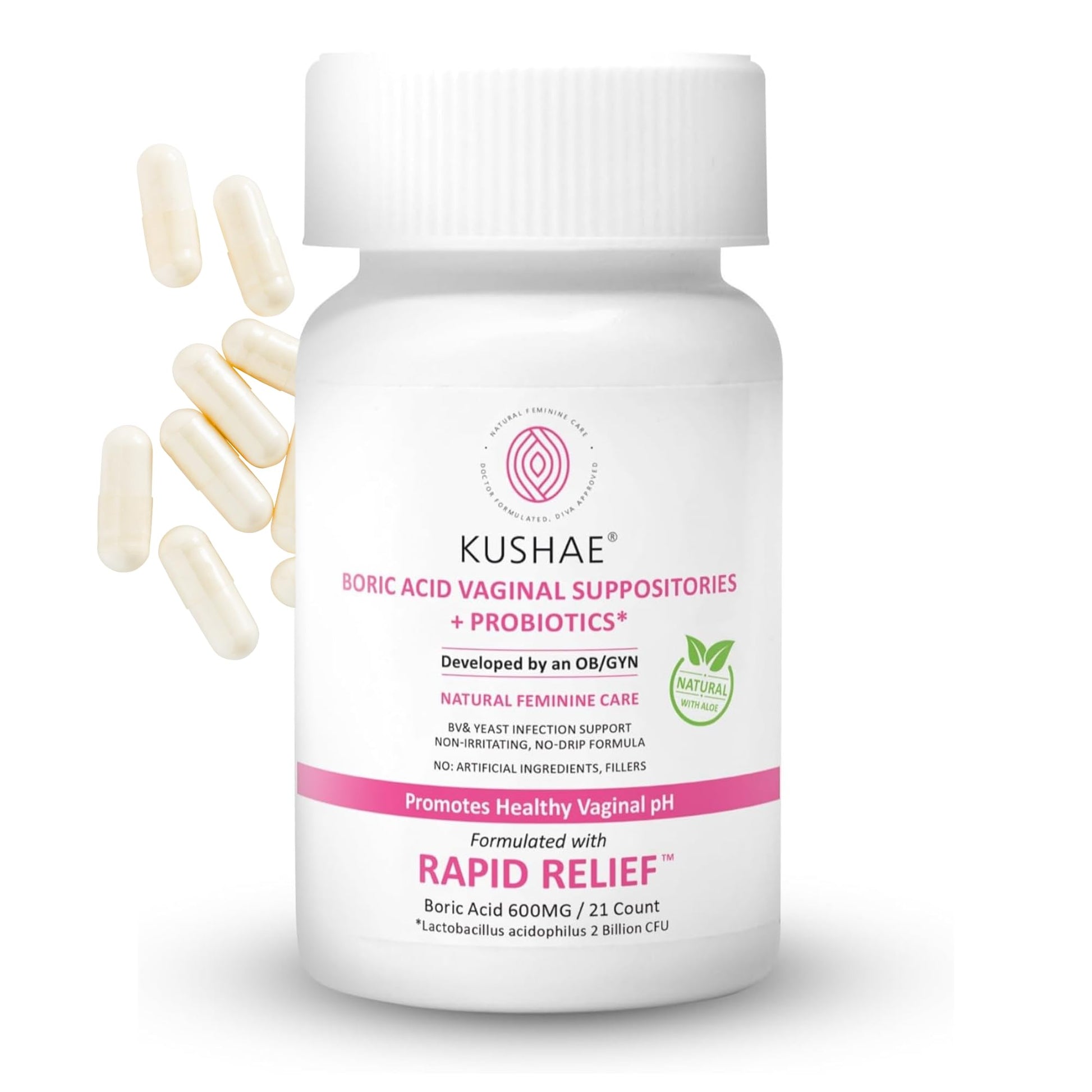 Kushae Boric Acid Suppositories + Rapid Relief, All Natural Female Suppositories with Probiotics & Aloe Vera, Relieves Discomfort & Balances pH Level Bottle Only 21 Capsules Kushae buy supplements canada