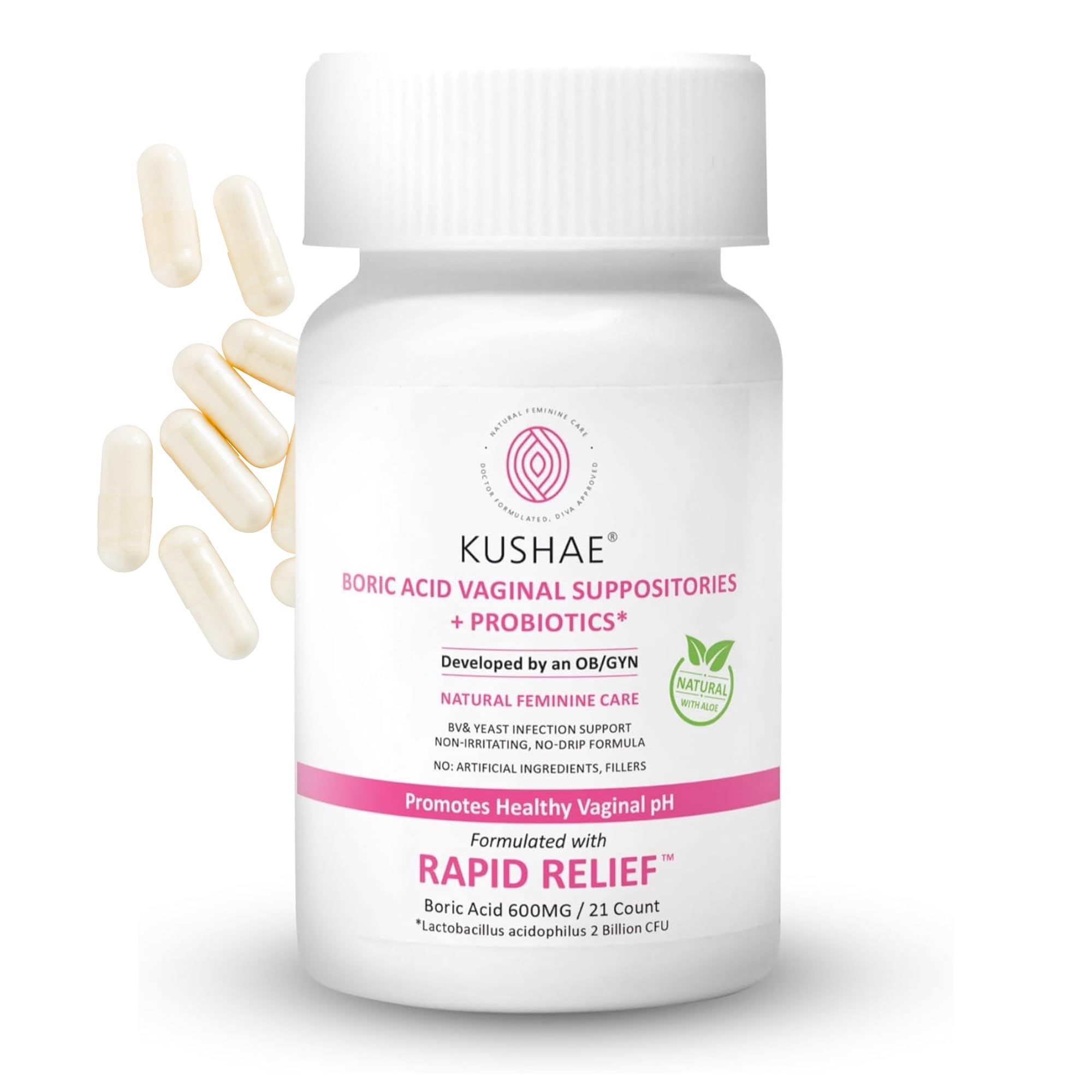 Kushae Boric Acid Suppositories + Rapid Relief, All Natural Female Suppositories with Probiotics & Aloe Vera, Relieves Discomfort & Balances pH Level Bottle Only 21 Capsules Kushae buy supplements canada