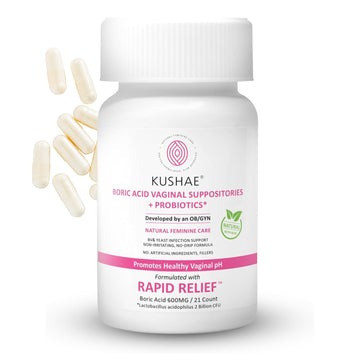 Kushae Boric Acid Suppositories + Rapid Relief, All Natural Female Suppositories with Probiotics & Aloe Vera, Relieves Discomfort & Balances pH Level Bottle Only 21 Capsules Kushae buy supplements canada