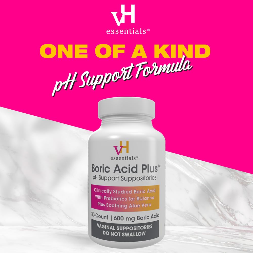 vH Essentials Boric Acid Plus Vaginal Suppositories, Prebiotic Infused with Soothing Aloe Vera, pH Support Formula Fights Odor and Promotes Freshness, 600mg Boric Acid, 30 Count vH essentials buy supplements canada