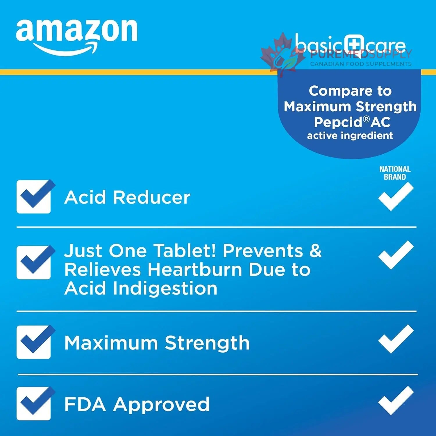 Amazon Basic Care Maximum Strength Famotidine Tablets 20 mg, Acid Reducer for Heartburn Relief, Prevents & Relieves Acid Indigestion, Heartburn Medicine, 12 Hour Protection, 200 Count Amazon Basic Care buy supplements canada