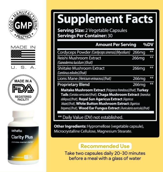 SEHATU Clarity Plus Cognitive Wellness Supplement | Packed with 10 Powerful Adaptogenic Mushrooms | Clear Brain Fog and Support Mental Clarity | 60 Count | 30 Day Supply SEHATU buy supplements canada