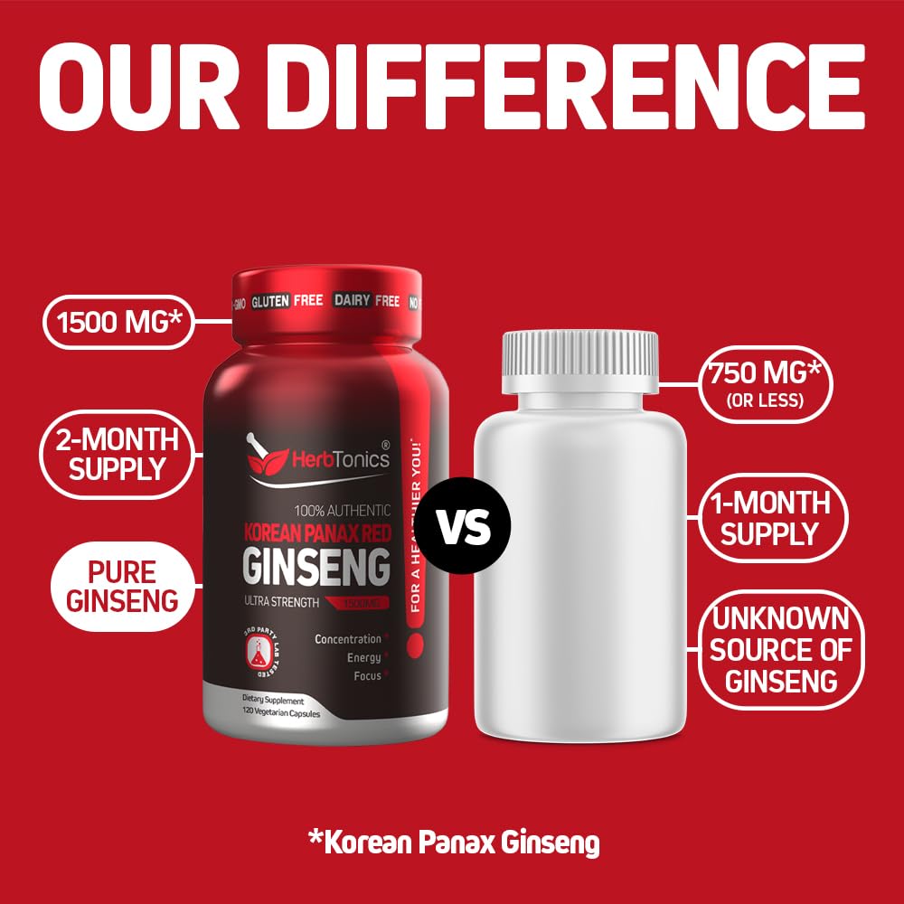 Herbtonics Korean Red Panax Ginseng 1500mg - Energy Supplement for Peak Performance, Focus & Vitality - High Potency Ginseng Root Extract - 240 Vegan Capsules Herbtonics buy supplements canada