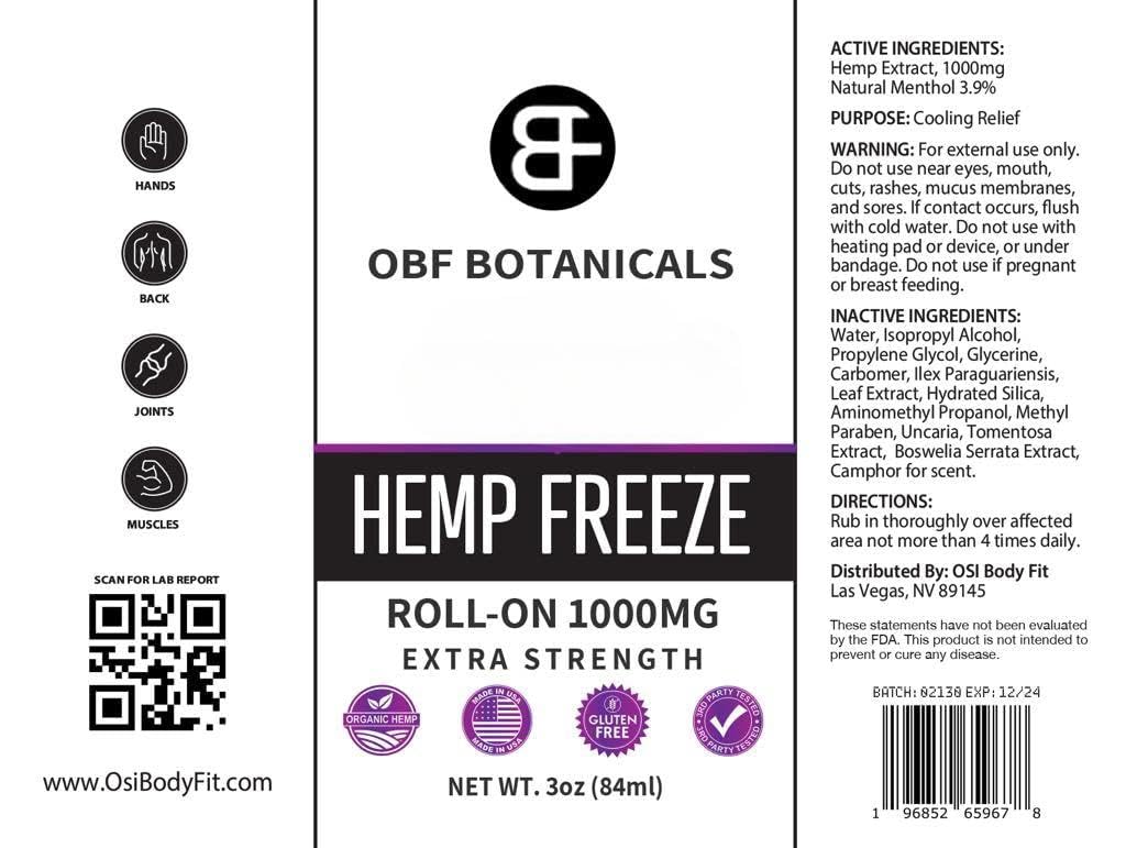 OBF Botanicals Hemp Roll On 3 Oz Instant Effect Topical Pain Relief Hemp Extract and Menthol Concentrated Roll On for Aching Muscles, Joint Relief, Ligaments - 1000mg OBF Botanicals buy supplements canada