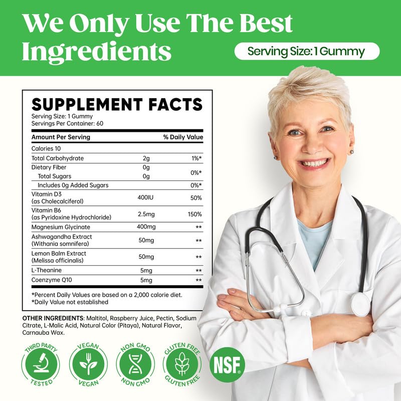 60 Day Supply Magnesium Glycinate 400mg Gummies with Ashwagandha, L-Theanine, CoQ10, Vitamin D3 & B6, Sugar Free Magnesium Gummies for Adults & Kids, Stress Relief, Sleep & Calm, Vegan, Gluten Free Venture Pal buy supplements canada