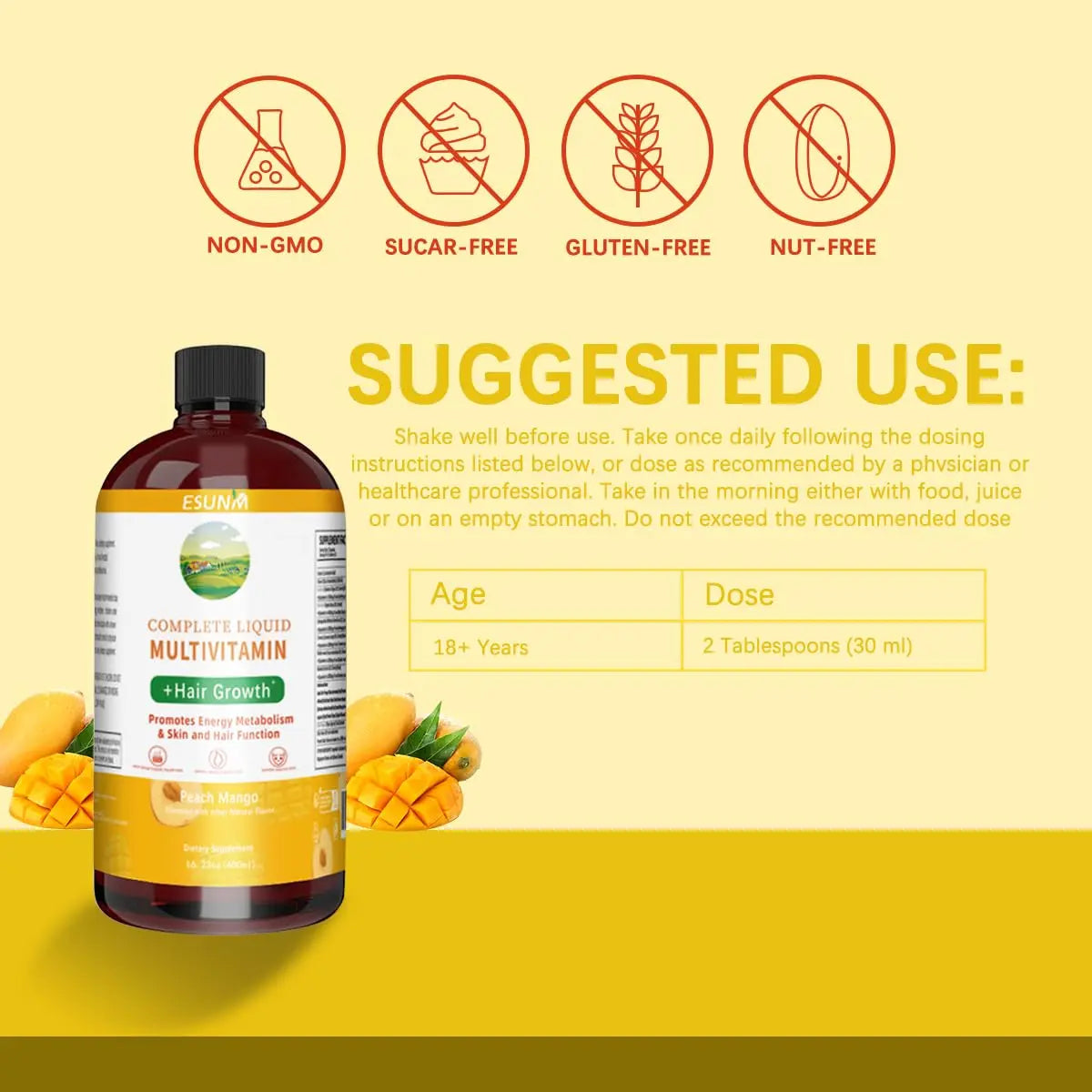 ESUNM Complete Liquid Multivitamin + Hair Growth, Promotes Energy Metabolism& Skin and Hair Function| Vitamin C D | B Vitamins | ESUNM buy supplements canada