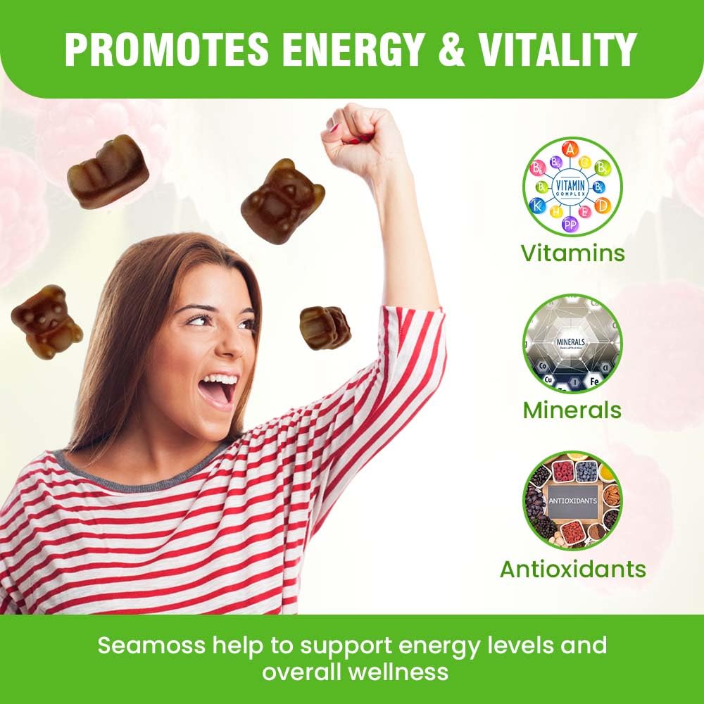 Safrel Irish Sea Moss Gummies 3000mg with Bladderwrack and Burdock Root, Thyroid Energy and Immune Support, Vegan Raspberry Flavor, 60 Gummies Safrel buy supplements canada