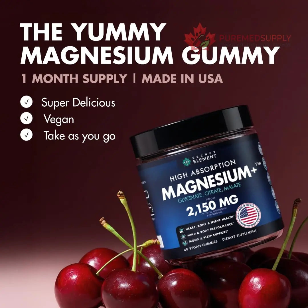 Magnesium Gummies 3in1 - Glycinate, Citrat, Malate 2150 MG High Absorption Supplement, Sugar-Free, Vegan, Chews for Men & Women, Inspired by Wellness Traditions Like Arjuna, 60 Gummies, Cherry Flavor Secret Element buy supplements canada
