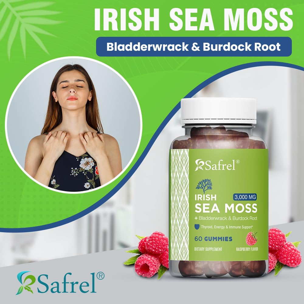 Safrel Irish Sea Moss Gummies 3000mg with Bladderwrack and Burdock Root, Thyroid Energy and Immune Support, Vegan Raspberry Flavor, 60 Gummies Safrel buy supplements canada