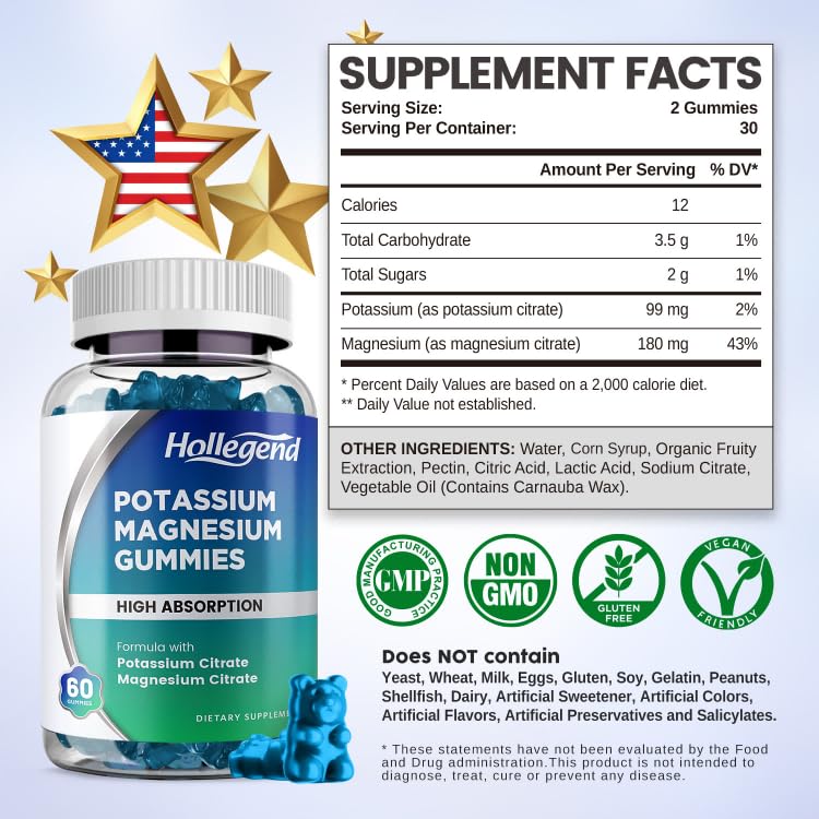 HOLLEGEND Potassium Magnesium Gummies, High Absorption Potassium Citrate 99mg Magnesium Citrate 180mg, Chewable Gummy Supplements for Leg Cramps & Muscle, 60 Count HOLLEGEND buy supplements canada