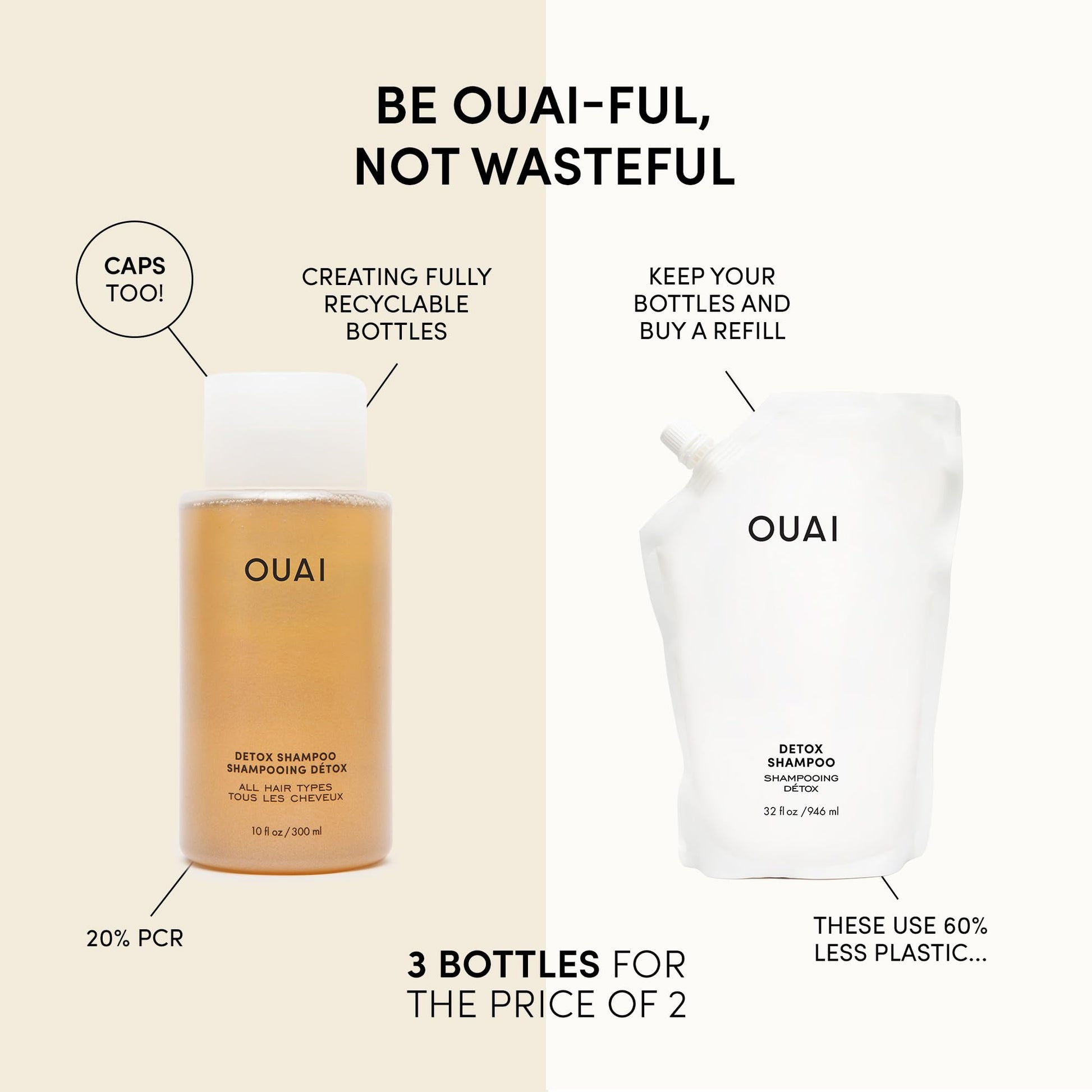 OUAI Detox Shampoo + Refill - Clarifying Shampoo for Build Up, Oil, Product & Hard Water - Apple Cider Vinegar & Keratin for Clean, Refreshed Hair - Sulfate Free Hair Care (2 Count, 10 Oz/32 Oz) OUAI buy supplements canada