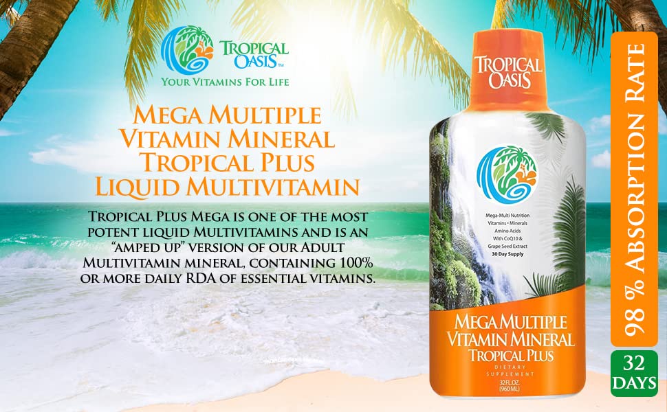 Tropical Oasis Mega Plus - Liquid Multivitamin and Mineral Supplement – Includes 85 Vitamins & Minerals, 20 Amino Acids + CoQ10, Grape Seed Extract & Organic Aloe Vera - 32oz, 32 Servings, 33460 Tropical Oasis buy supplements canada