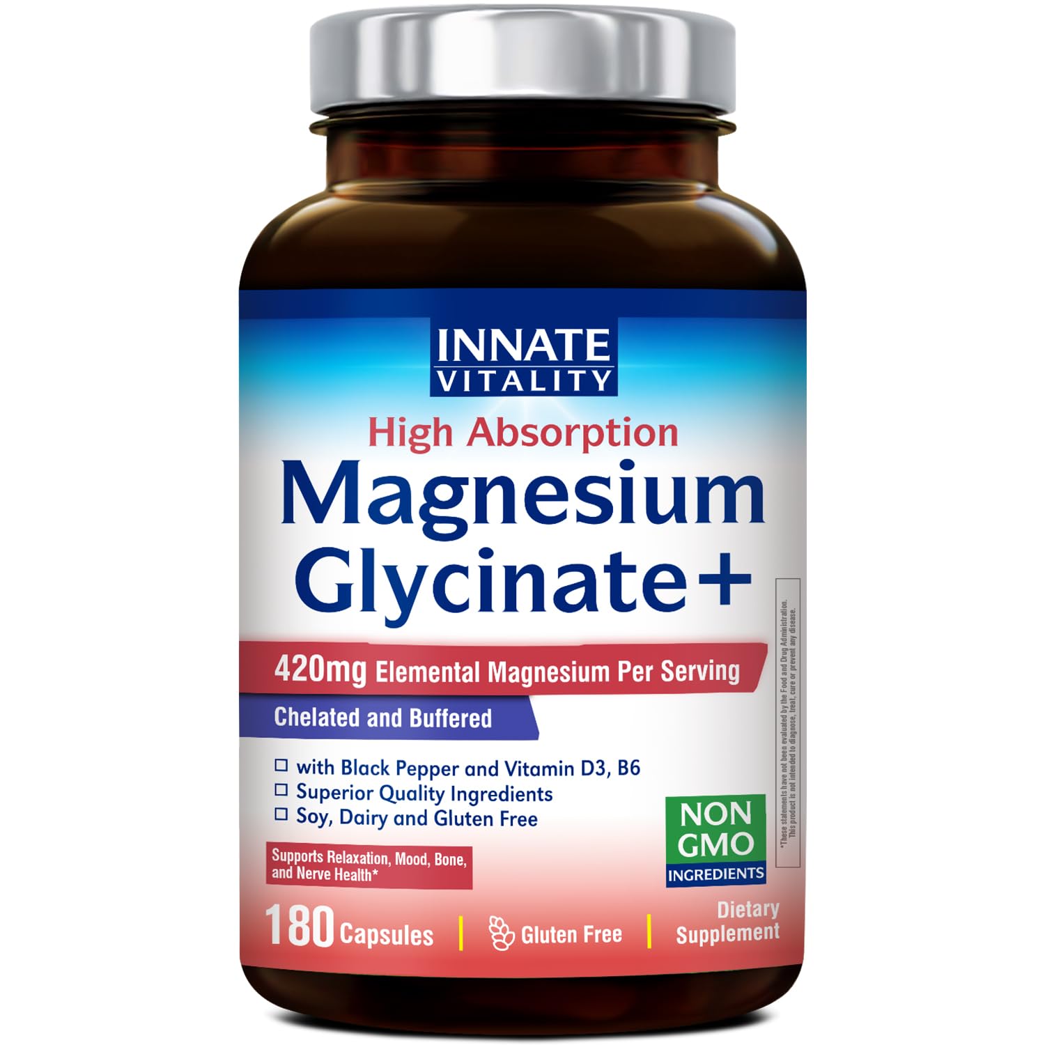 Innate Vitality Magnesium Glycinate Complex, 420mg Elemental Magnesium Per Serving, Enhanced Absorption, Black Pepper, Vitamin D3 & B6, Sleep Mood Bone Nerve Support, 180 Caps Innate Vitality buy supplements canada