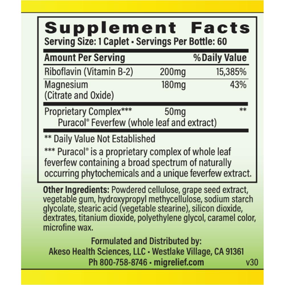 MigreLief Original Triple Therapy with Puracol - Nutritional Support for Migraine Sufferers - 60 Caplets/1 Month Supply MigreLief buy supplements canada