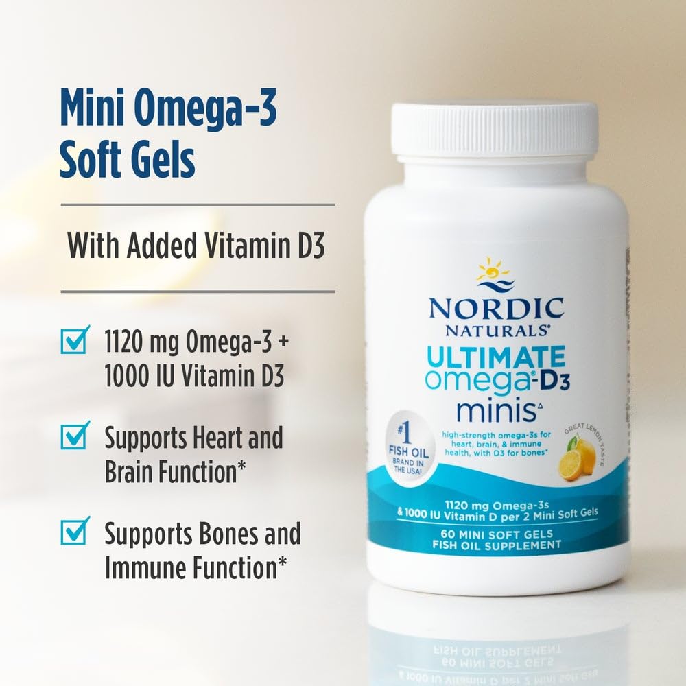 Nordic Naturals Ultimate Omega Mini D3, Lemon Flavor - 60 Mini Soft Gels - 1120 mg Omega-3 + 1000 IU Vitamin D3 - EPA & DHA - Promotes Brain & Heart Health - 30 Servings Nordic Naturals buy supplements canada