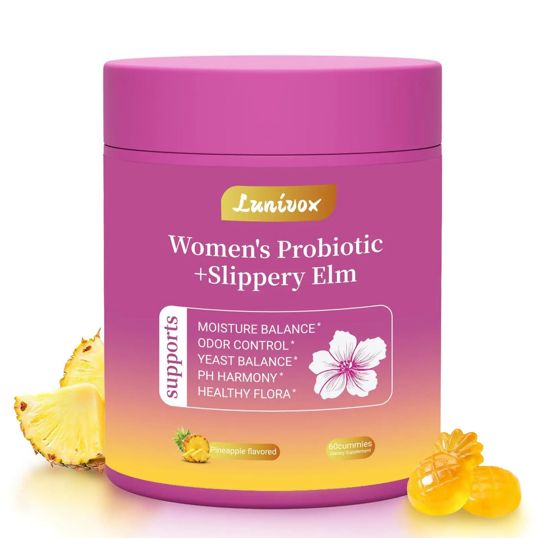 Lunivox Her Juicy Feminine Probiotics Gummies for Women, with Prebiotics & Slippery Elm - Promotes pH Balance, Gut Health & Immune Support - Pineapple Flavor, 60 Count Lunivox buy supplements canada