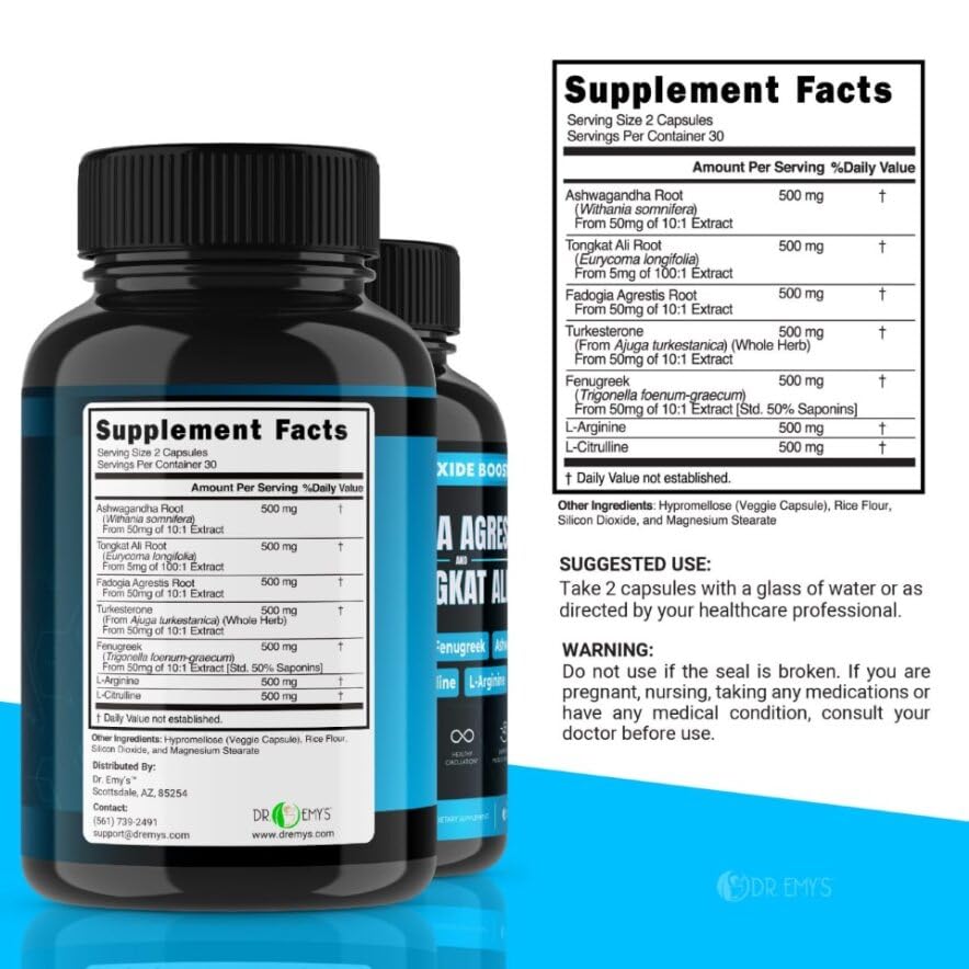 (2 Pack) Tongkat Ali Fadogia Agrestis Nitric Oxide Ashwagandha Supplement for Men Dr. Emy's buy supplements canada