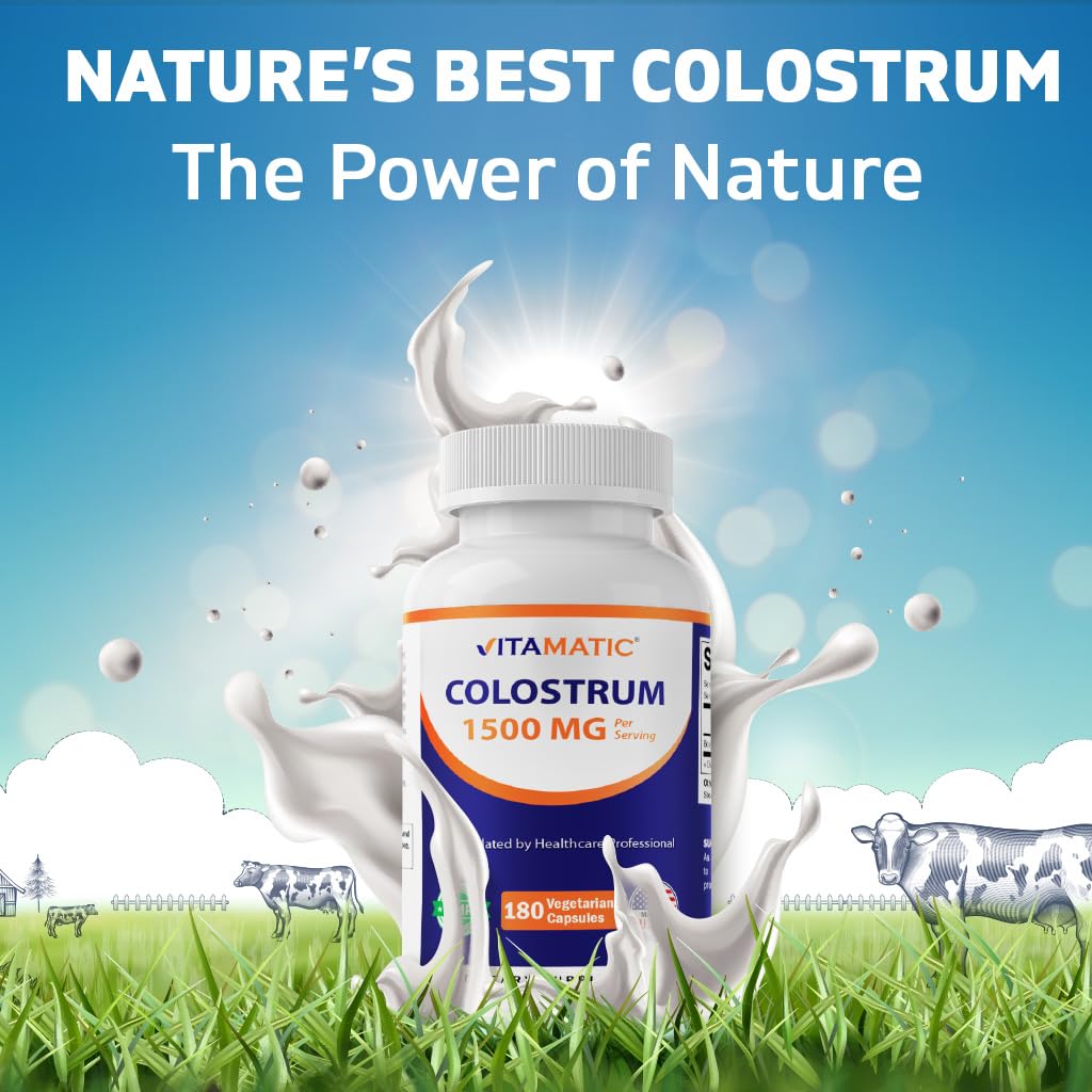 Vitamatic Bovine Colostrum 30% IgG Supplement 1500 mg per Serving - Supplement for Gut Health, Hair Growth, Beauty, Muscle Recovery, & Immune Support - 180 Veg Capsules Vitamatic buy supplements canada