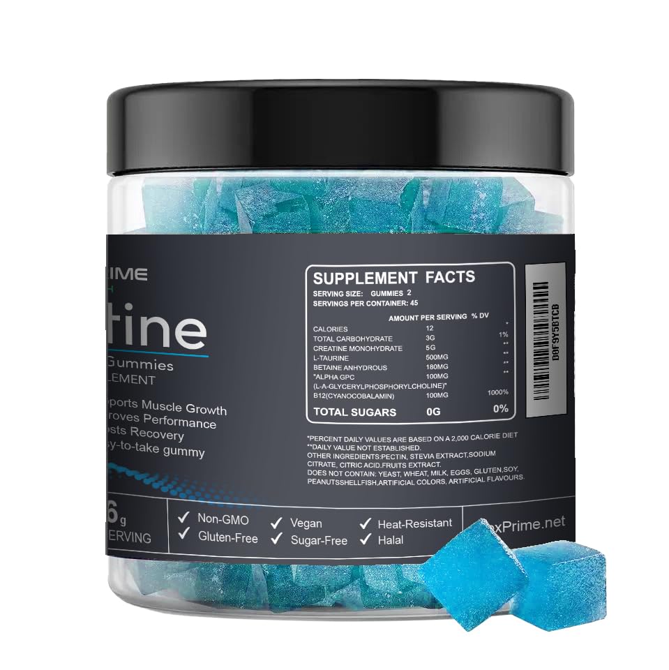 FlexPrime Creatine Gummies Sugar Free - 6g Creatine Monohydrate + L-Taurine, Alpha GPC, Betaine | Vegan Halal Blueberry Chews for Lean Muscle, Strength, Brain Health | Men Women 90 Count FlexPrime buy supplements canada