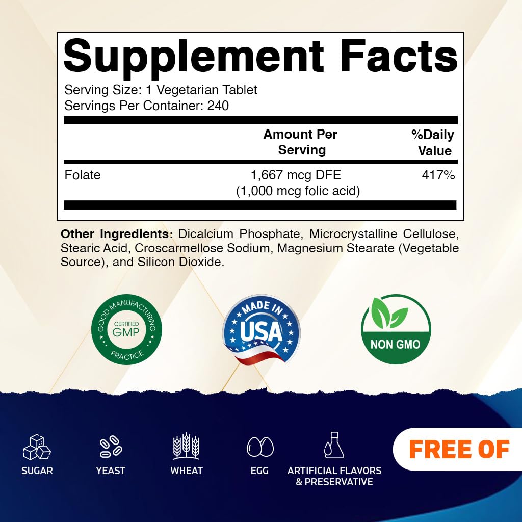Vitamatic Folic Acid 1000 mcg (1 mg) - Vegetarian Tablets - 1667 mcg DFE - Vitamin B9 (240 Count (Pack of 1)) Vitamatic buy supplements canada