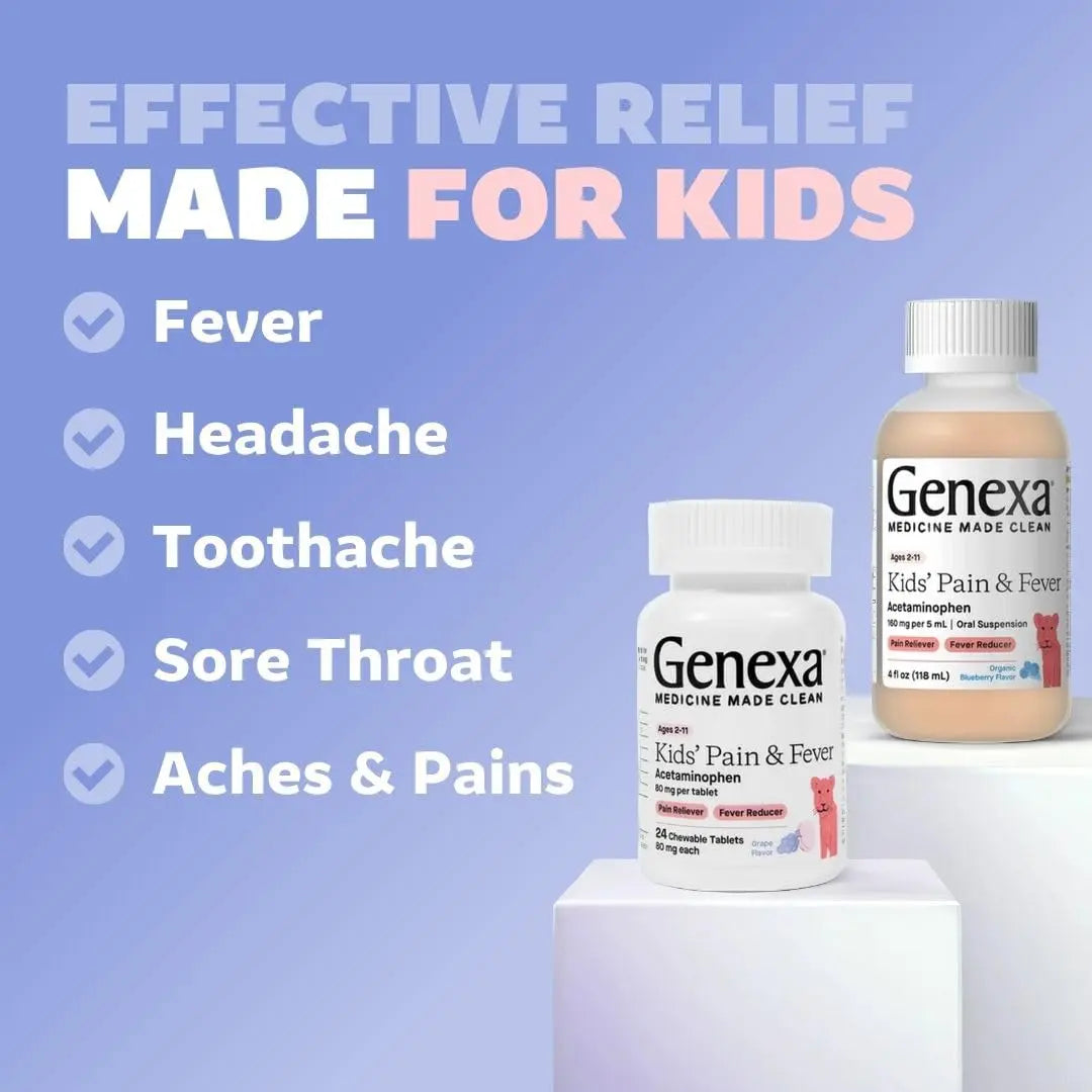 Genexa Kids' Clean Pain & Fever Acetaminophen Bundle | Relieves Fever & Minor Aches and Pain | Dye Free, 0% Artificial Additives | Chewable Tablets & Liquid Oral Suspension for Children Aged 2-11 Genexa buy supplements canada