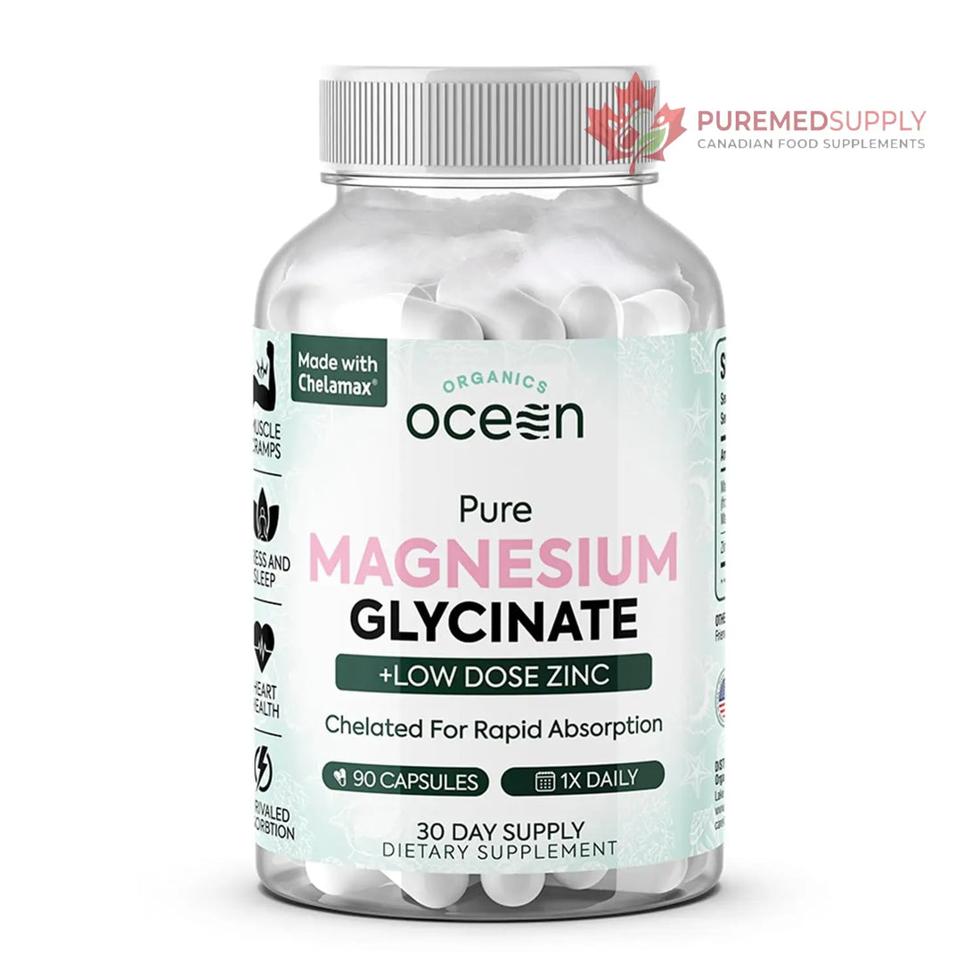 Organics Ocean Pure Magnesium Glycinate with Zinc - Maximum Strength Chelated Magnesium Supplement for Women and Men for Muscle Cramps and Sleep Support - 90 Capsule Organics Ocean buy supplements canada
