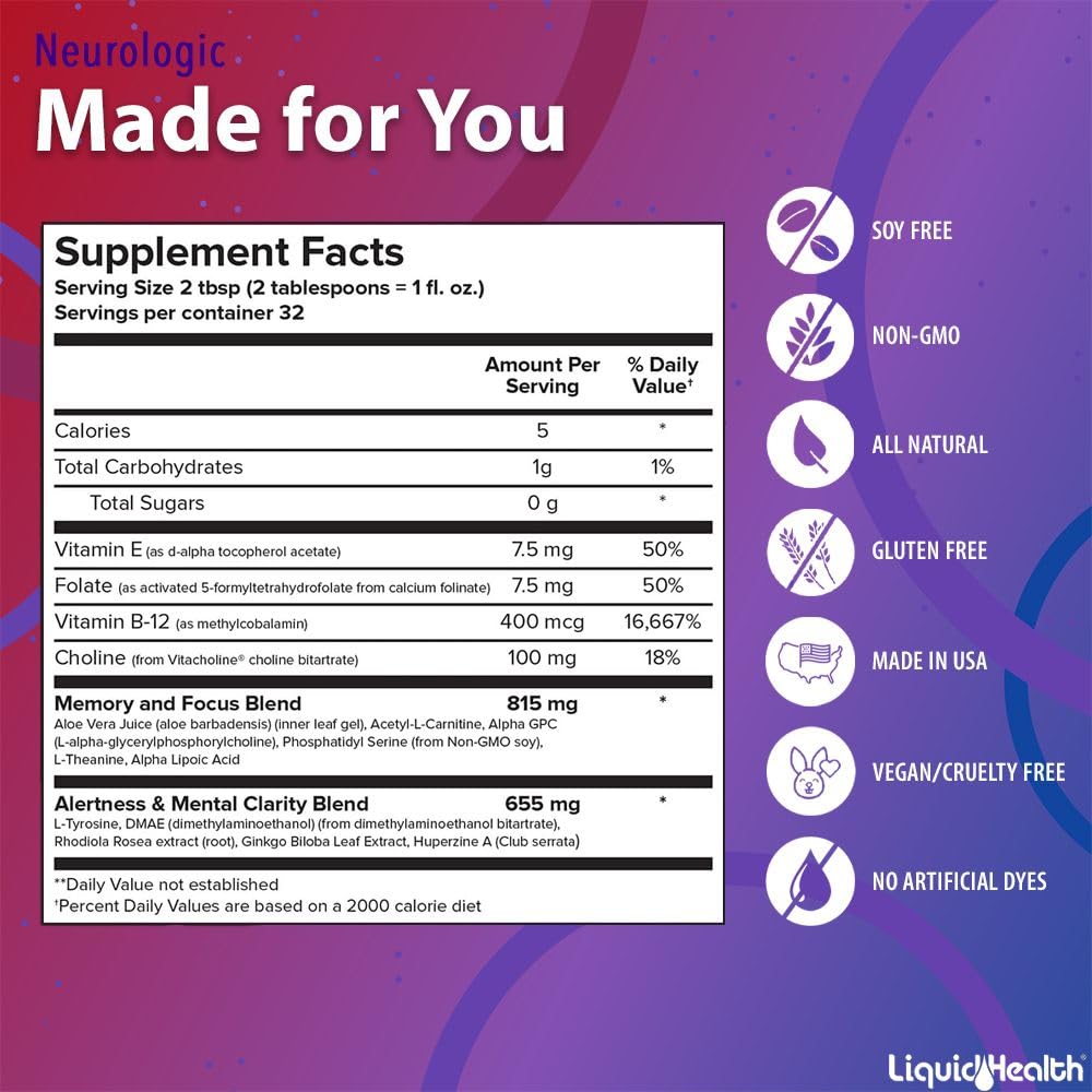 LIQUIDHEALTH Neurologic Focus Supplement - Brain Booster Nootropic Supplement for Cognitive Function, Memory & Focus with Ginkgo Biloba, Choline, L-Theanine & Phosphatidylserine - USA Made (32 oz) LIQUIDHEALTH buy supplements canada