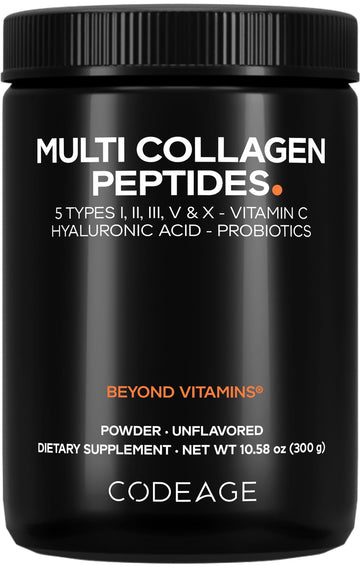 Codeage Multi Collagen Peptides Powder + Probiotics Black Edition, Vitamin C, Hyaluronic Acid Powder Supplement, Grass-Fed, Hydrolyzed, Zero Carbs, Type I, II, III, V & X, Unflavored, 10.58oz Codeage buy supplements canada
