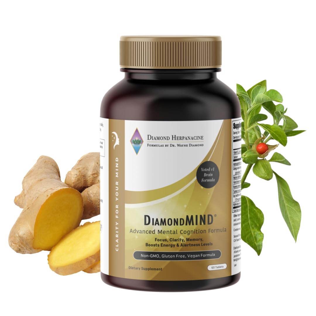DiamondMIND Brain Support Supplement - Natural Formula for Mental Energy & Cognitive Function - Focus, Clarity, and Memory Supplement - Less Mental Stress - Vegan, Gluten-Free, Dairy-Free - (60 Count) Herpanacine buy supplements canada