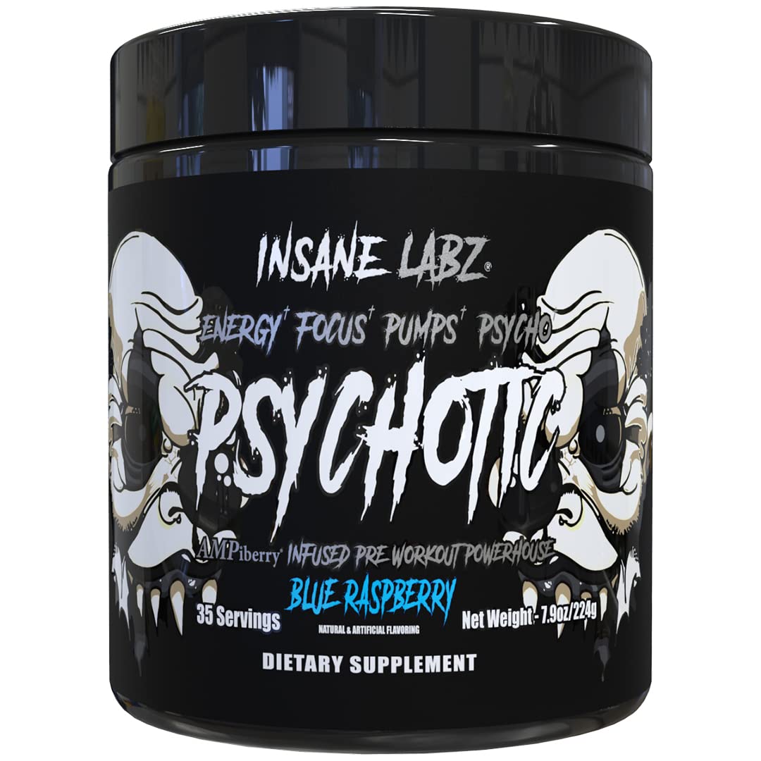 Insane Labz Psychotic Black Edition Mid Stimulant Pre Workout Powder, Energy Focus Pumps, Loaded with Creatine Beta Alanine Taurine Fueled by AMPiberry, 35 Servings (Blue Raspberry) Insane Labz buy supplements canada
