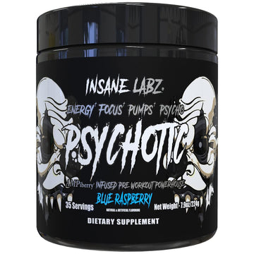 Insane Labz Psychotic Black Edition Mid Stimulant Pre Workout Powder, Energy Focus Pumps, Loaded with Creatine Beta Alanine Taurine Fueled by AMPiberry, 35 Servings (Blue Raspberry) Insane Labz buy supplements canada