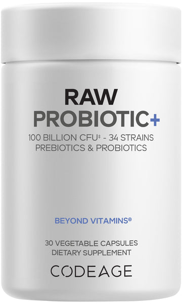 Codeage Raw Probiotic+ Supplement - 34 Probiotic Strains, 100 Billion CFUs, Raw Whole Food Probiotics, Digestive Enzymes, Raw Fruits & Veggies Prebiotics - Wild Kefir Culture - Non-GMO - 30 Capsules Codeage buy supplements canada