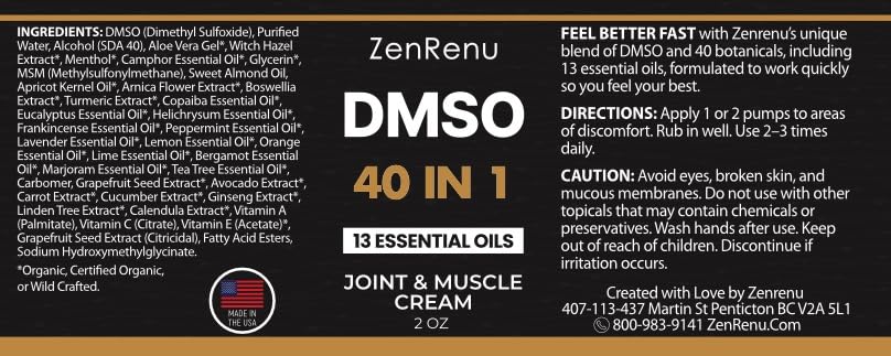 Zenrenu DMSO Cream 99.995% Pure Pharmaceutical Grade - 40-in-1 Advanced Formula -12 Essential Oils, Arnica, Aloe Vera, MSM - Fast-Absorbing Cream – 2 oz Glass Pump Bottle – Made in USA Zenrenu buy supplements canada