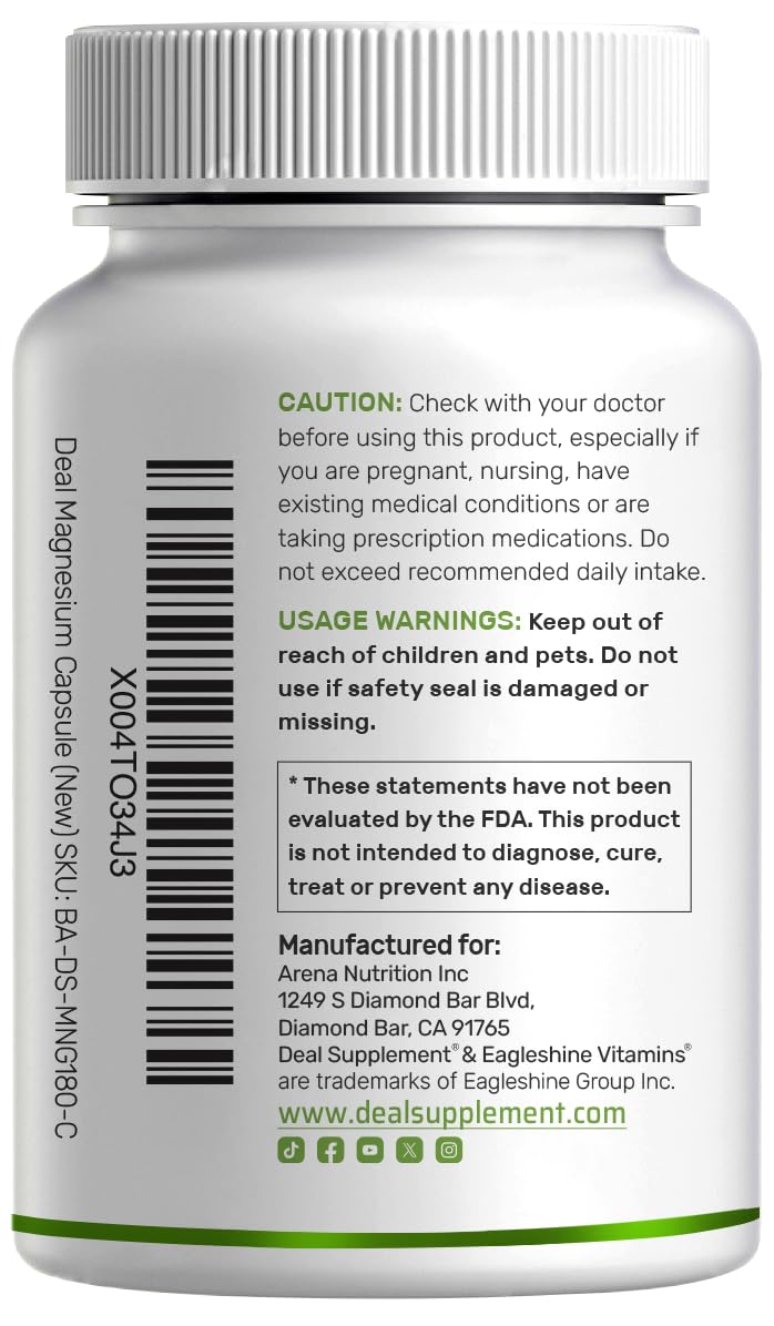 Deal Supplement Magnesium Glycinate 500mg, 240 Veggie Capsules | 100% Chelated for Easy Absorption | Essential Mineral Supplement | Non-GMO, Gluten-Free DEAL SUPPLEMENT buy supplements canada