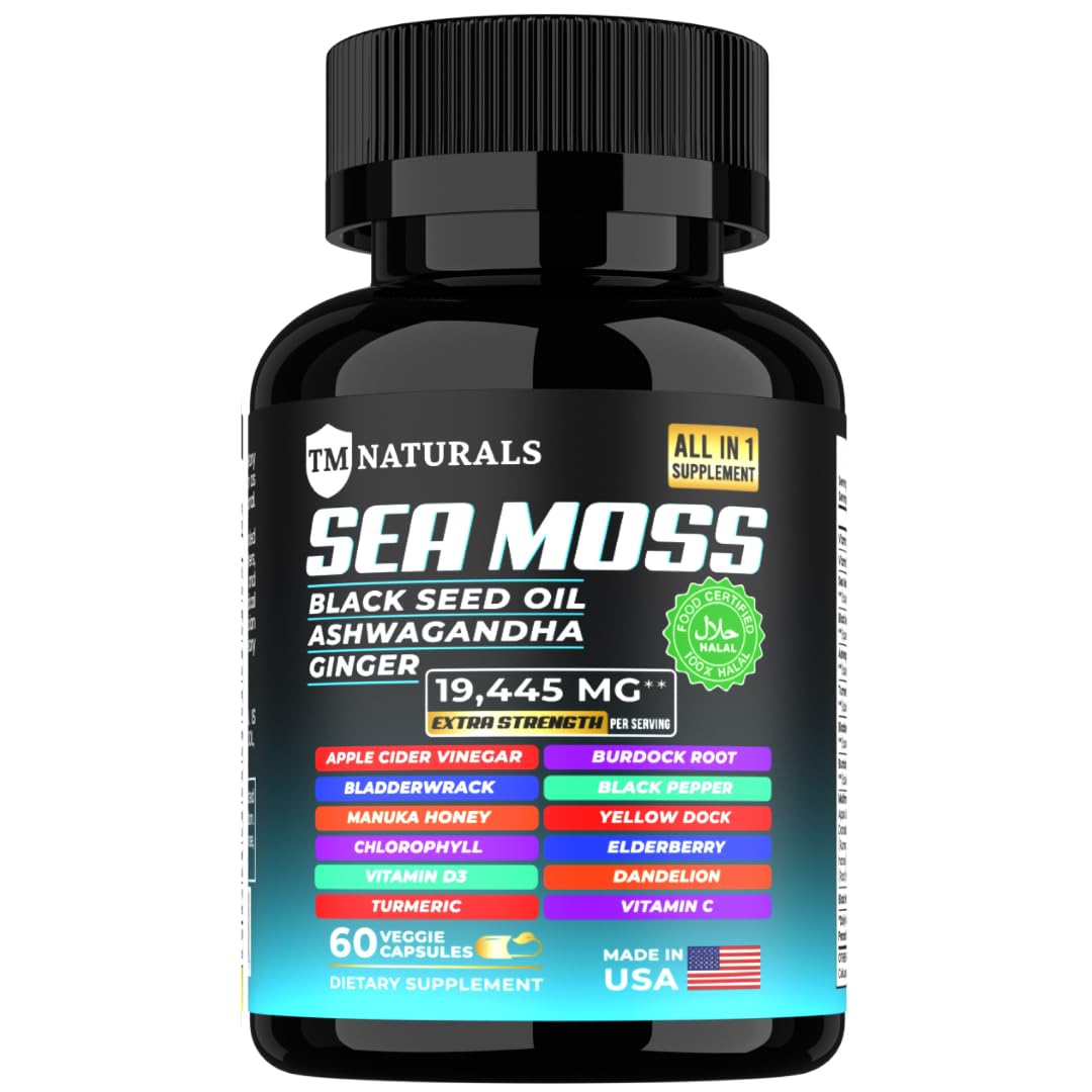 TM NATURALS Sea Moss with Black Seed Oil, Vitamin C, Ashwagandha and Turmeric for Immune Support & Energy - 60 Vegan Capsules + Free Pill Box TM NATURALS buy supplements canada