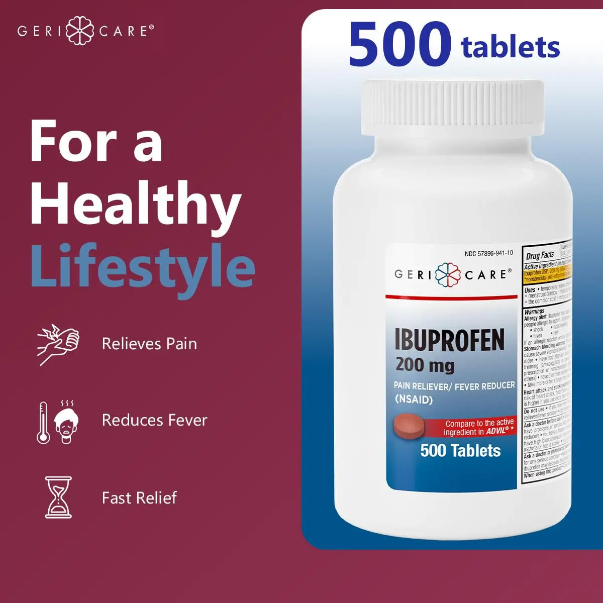 GeriCare Ibuprofen 200mg, Pain Reliever, Fever Reducer, Relieves Body Aches, 500 Count (Pack of 1) GeriCare buy supplements canada